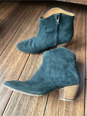 Isabel Marant Etoile Dicker Suede Leather Boots 10 Dark Green Western Round Toe